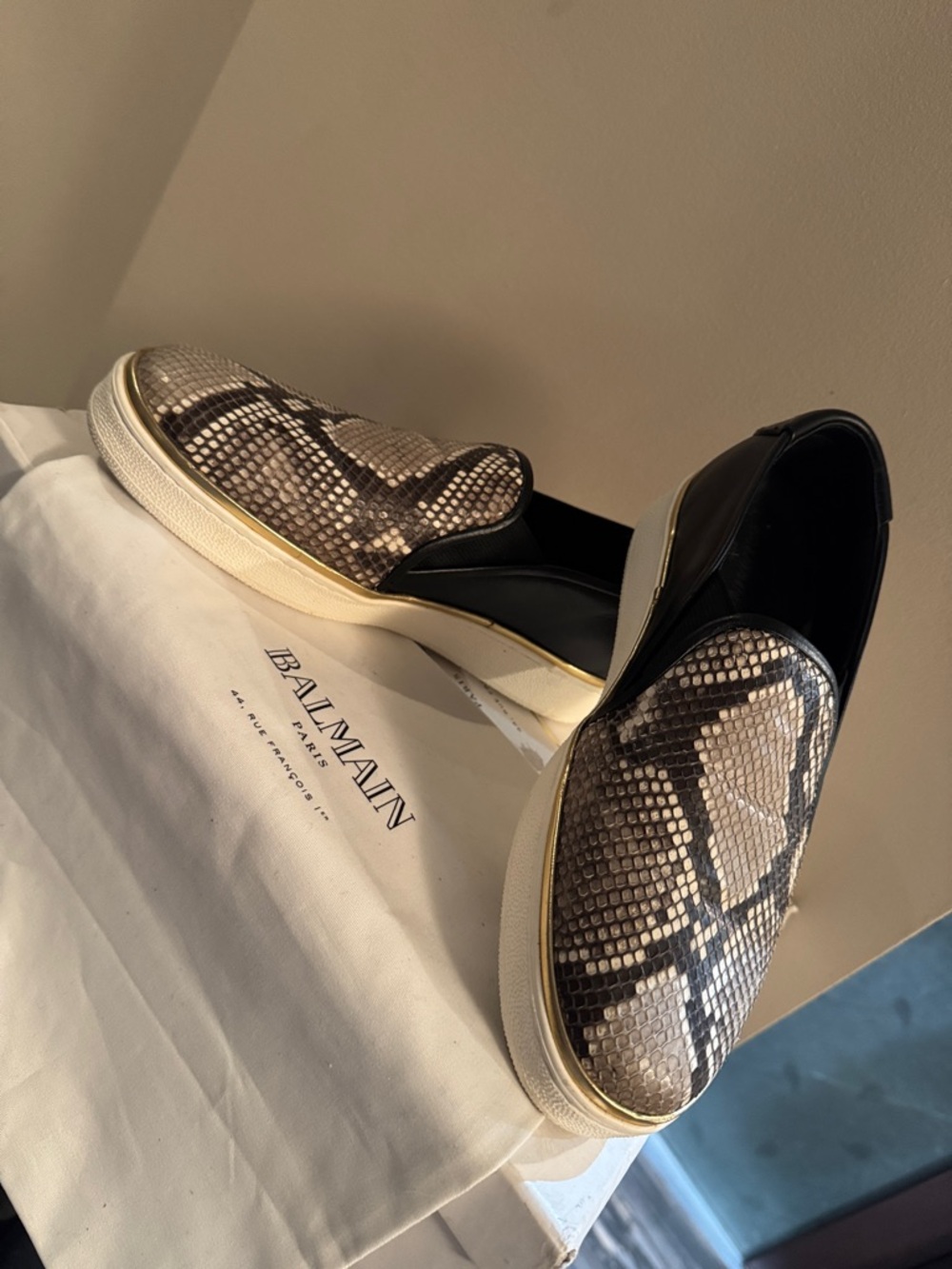 Balmain Python-Print Slip-Ons with Gold Trim